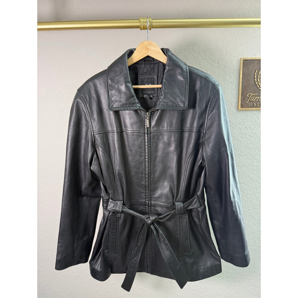 JLC New York Black Leather‎ Belted Zip Front Jacket Women's Large
